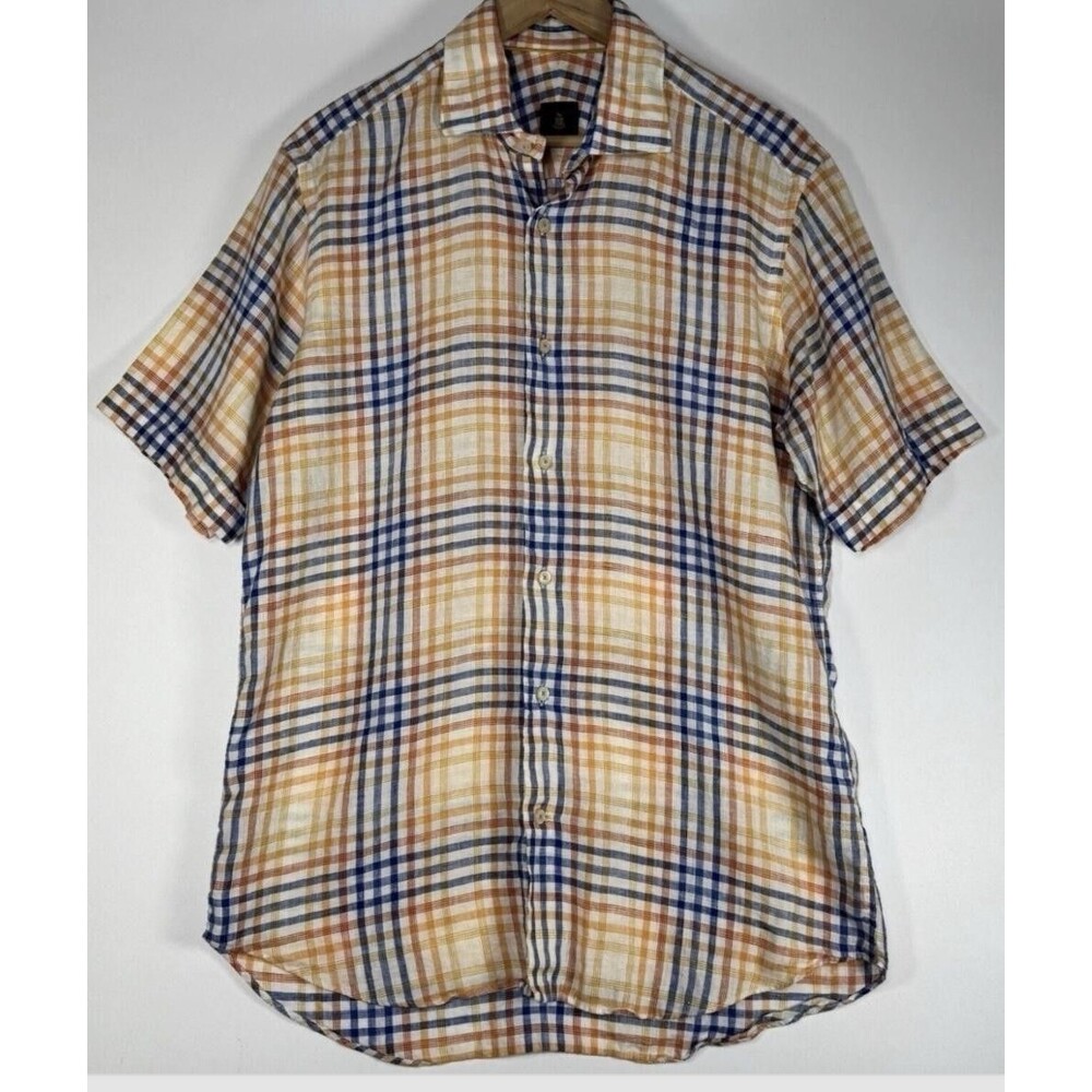 Robert Talbott Shirt Mens Medium Linen Plaid Short Sleeve Button‎ Up Lightweight